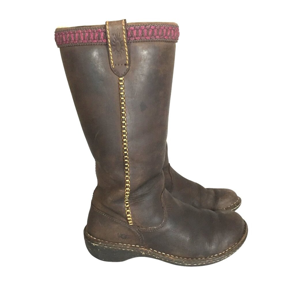 UGG Women 7/38 Tall Brown Leather Shearlng Lined Pull-On Boots